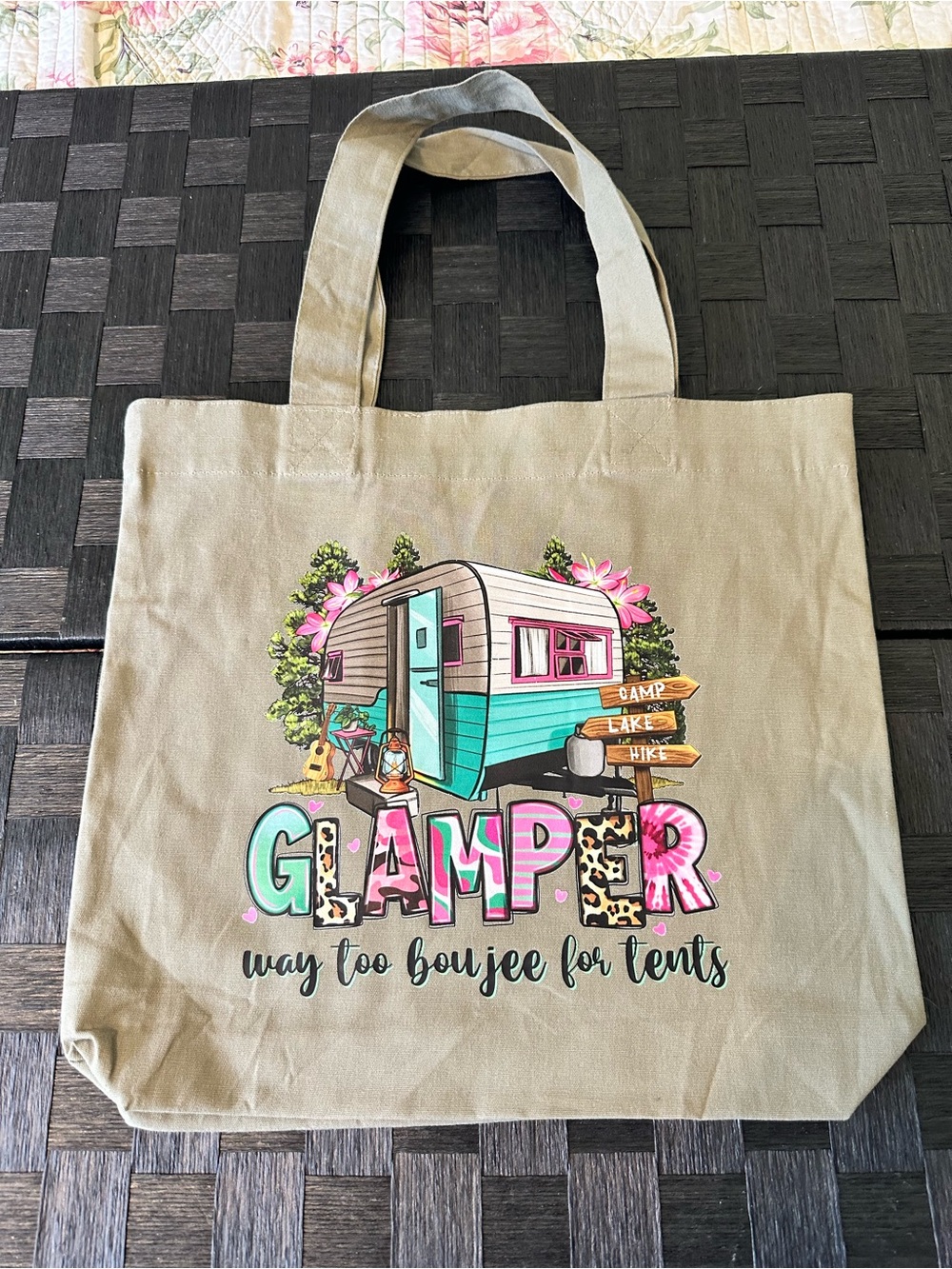 Custom Made Canvas 'Glamper' Tote Bag - Olive greenish with Teal & Pink Design
